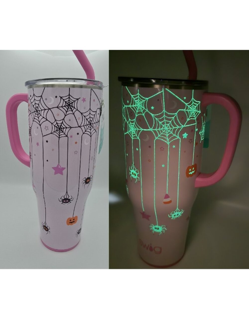 NWT Swig 40oz Pink “Sweet & Spooky” Spiders Glow-in-the-Dark Mega Mug with Straw